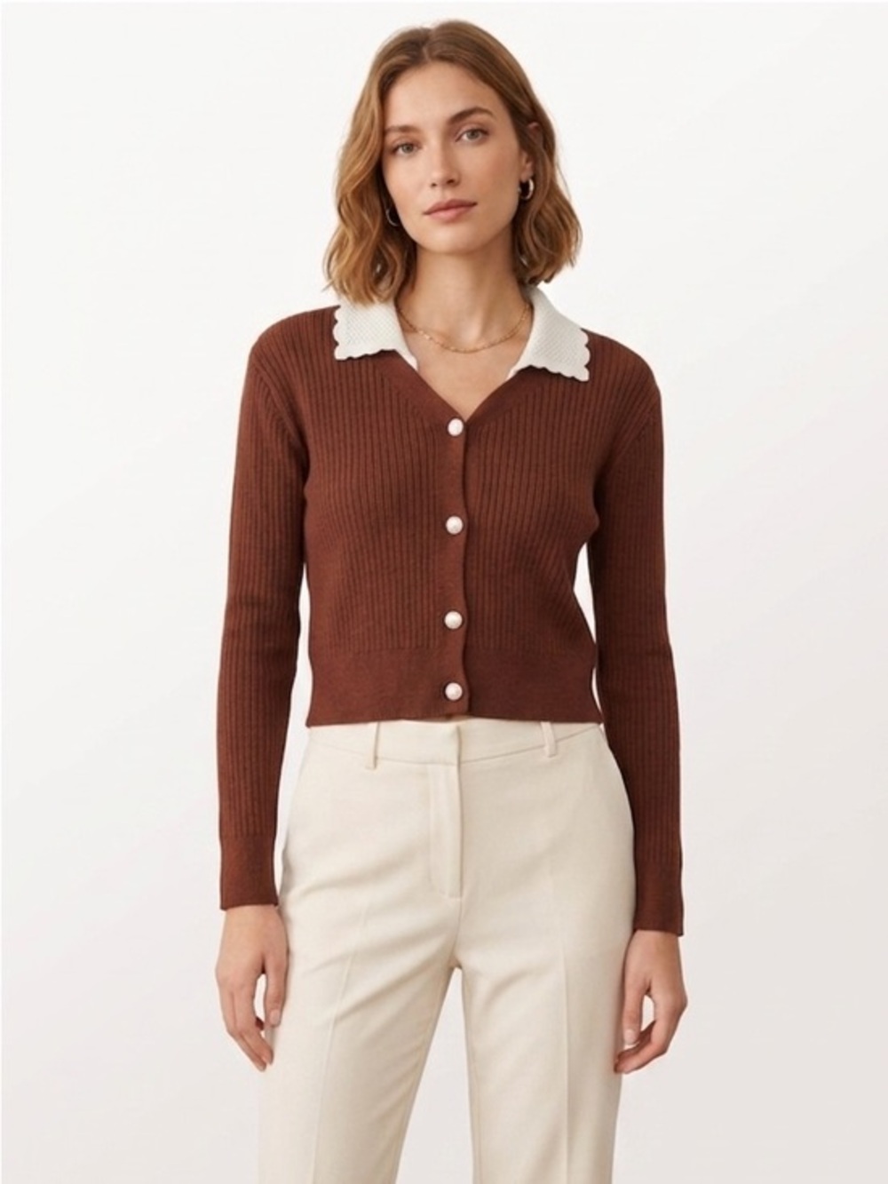 Brown Knit Cropped Cardigan With Cream Collar & Flower Buttons Size Small